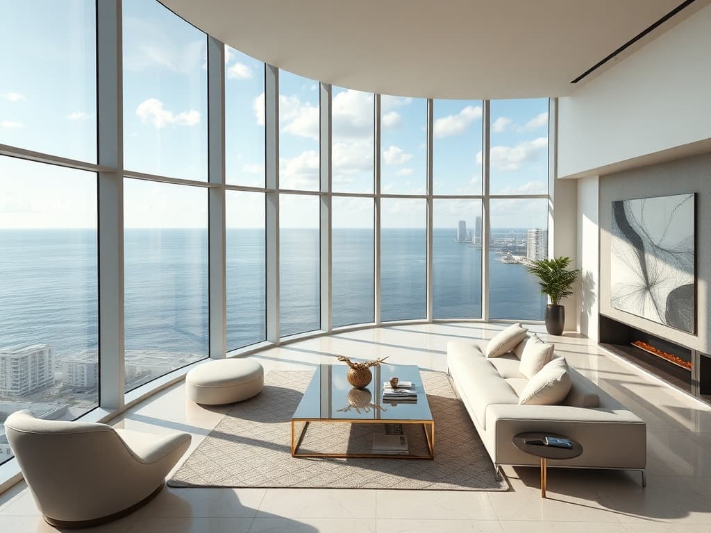 Sunlit Miami penthouse living room with floor-to-ceiling windows