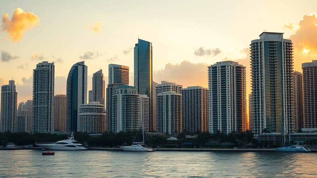 Miami skyline at golden hour with Biscayne Bay