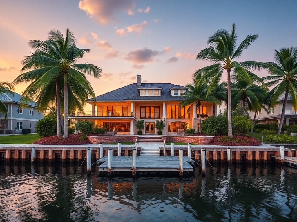 Waterfront Florida home with palm trees